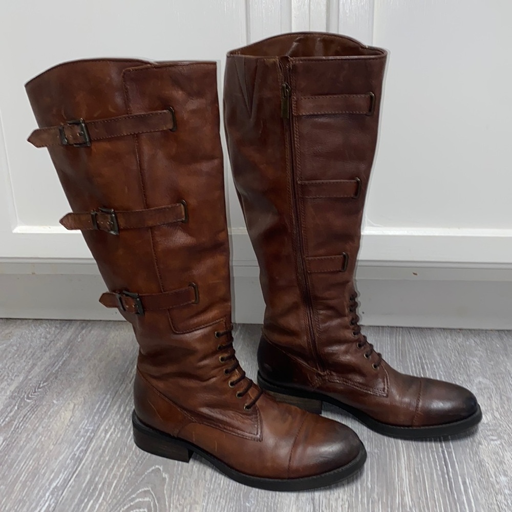 Vince Camuto Fenton Russet Two Tone Brown Leather Knee-High Buckle Riding Boots - Picture 7 of 17